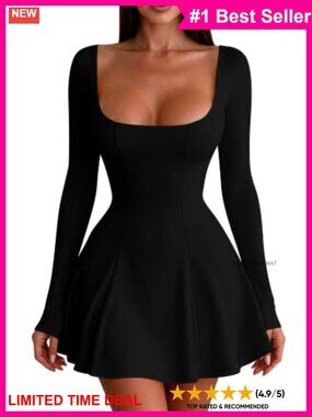 Square Neck Long Sleeve A Line Mini Dress Corset Waist Party Club